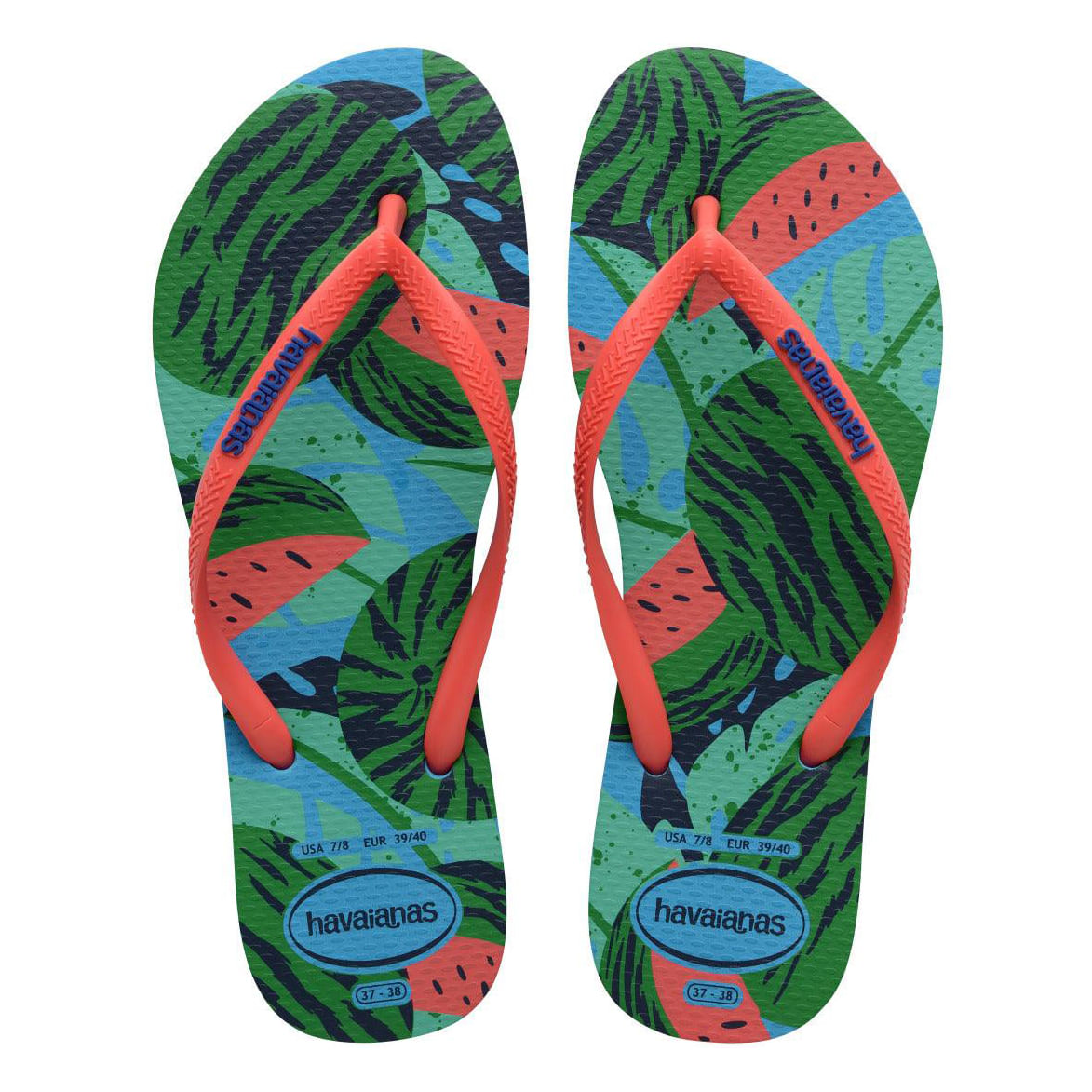 Chinelos Havaianas Turquesa vistos de cima com estampa tropical de frutas e tiras coral